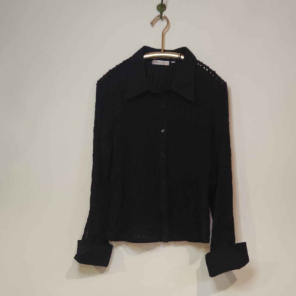 Vintage 90s Maakif Sheer Textured Black Exaggerated Cuff Button Up Blouse Sz XL